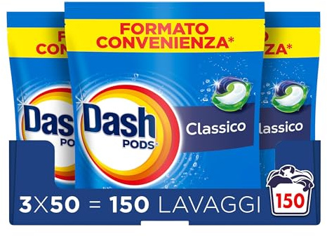 Dash Pods Detersivo Lavatrice In Capsule, 150 Lavaggi (3x50), Classico, Rimuove Le Macchie, Igienizza, Brillantezza Per I Capi