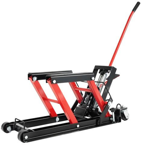 Elevador de moto para motocicleta, 680 kg, hidráulico, altura ajustable, soporte de montaje de goma, perno de seguridad, antideslizante, para motocicletas, ATVs, quads, taller, garaje, trayectoria