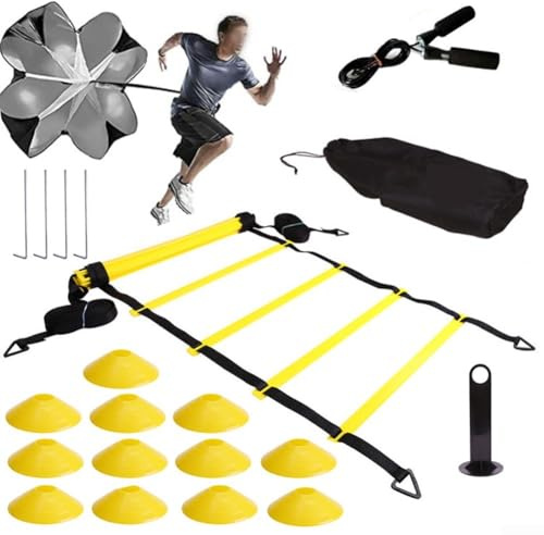 Durashmall Set di scaletta per allenamento agilità, con coni da paracadute e picchetti per calcio, calcio, basket, sport all'aria aperta, fitness, colore giallo (B)