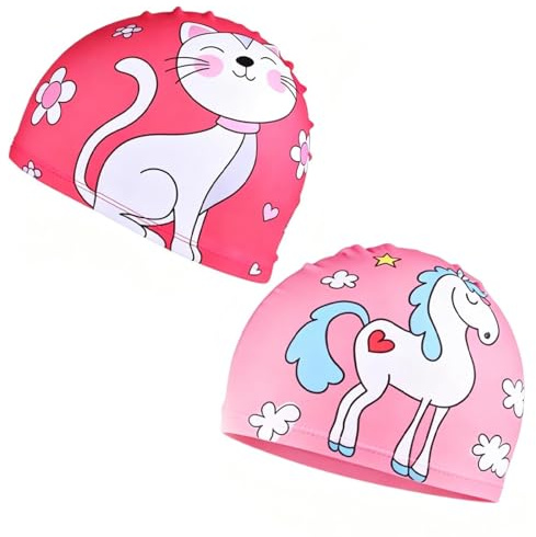 2 PCS Fabric Swimming Cap Kids, Comfortable Light Swimming Hat Kids with Cute Patterns, Anti-Slip Elastic and Waterproof Swimming Cap Pool Training Accessory for Children