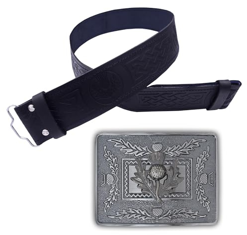 Scottish Kilt Belt and Buckle Set - Black Leather Belt Embossed Celtic Thistle Design and Matching Antique Chrome Finish Thistle Buckle for Highland Dress
