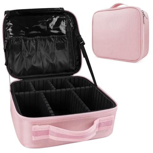 Borsa Cosmetica, Beauty Case da Viaggio Donna, Portatile Valigetta Trucchi con Divisori Regolabili, Borsa porta Trucchi, Borsa Trucco Tessuto Oxford, Rosa