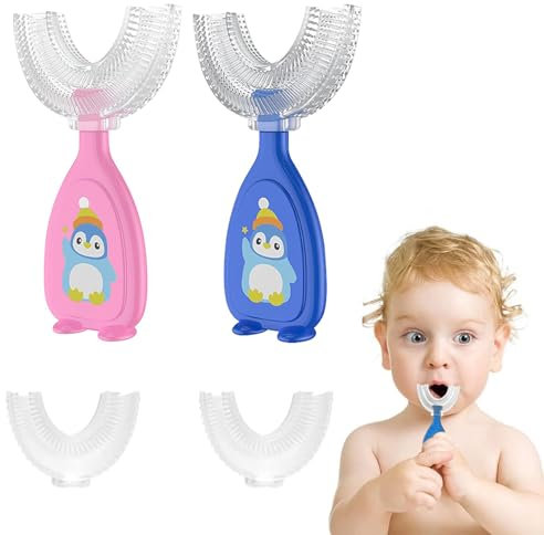 Kinder U-förmige Zahnbürste - All Rounded U-Form für den Ganzen Mund - Manuelle Silikonbürste in Lebensmittelqualität - Rosa & Blau