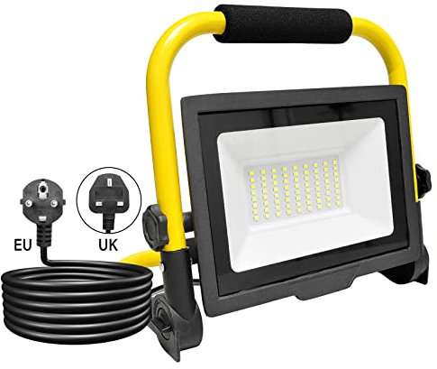 Willpower Foco de Trabajo LED 50W 5000LM Portátil Con Soporte Plegable - Proyector Con Enchufe, Luz de Construcción Impermeable IP66, Reflector Para Exterior, Obra, Taller, Garaje - 6000K Blanca