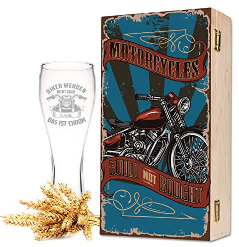 GRAVURZEILE Leonardo Weizenglas mit Gravur - Motorcycle Design inkl. bedruckter Holzkiste - Personalisiert mit Name - Geschenk für Motorrad Fans zum Geburtstag Weihnachten - Farbe: Weizenglas