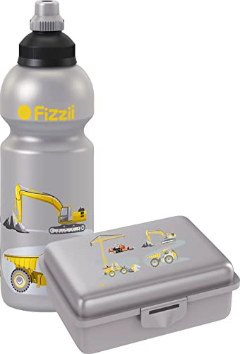 Fizzii Set Trinkflasche 600ml + Lunchbox inkl. Obst-/ Gemüsefach (schadstofffrei, spülmaschinenfest, Motiv: Baustelle)