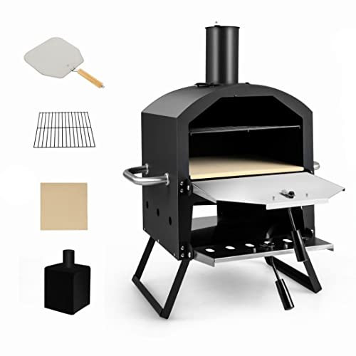 GiantexUK Outdoor Pizza Oven, Wood Fired Pizza Maker with Chimney, Pizza Peel, Stone and Rain Cover, Garden Patio BBQ Grill Pizza Cooker for Party Camping