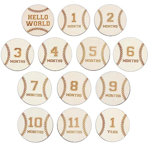 Baby Monthly Milestone Cards - Wooden Monthly Milestone Discs - Newborn Photography Props to Document Your Baby´s Growth - Baby Announcement Sign (Baseball Card)