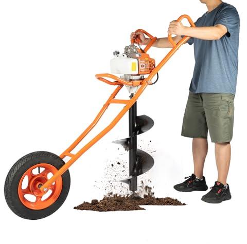 63CC Post Hole Digger 2-Stroke 3HP Gas Powered Auger Post Hole Digger - Earth Auger with Wheelbarrow Design, Extra-Large Fuel Tank & 60-300mm Bit Compatibility for Fence Post Drilling (2-Stroke)