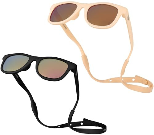 BABY SUNNIES Lunettes de soleil polarisées pour bébé avec lanières - Lunettes de soleil incassables et flexibles pour nouveau-né de 0 à 24 mois, noir et pêche