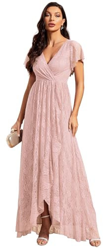 Ever-Pretty Robe Demoiselle d'honneur Femme Longue Asymétrique Dentelle Manches Courtes Col V Fluide Chic Rose 46