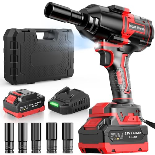 Bamse Cordless Impact Wrench, 1/2 Brushless Power Impact Gun 21V, 738Ft-lbs(1000N.m) High Torque Electric Impact Gun with Battery 4000mAh,Fast Charger & 5 Sockets,Power Impact Driver for Car and Home