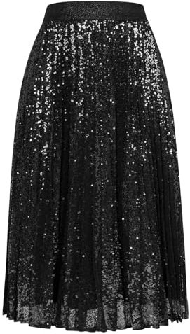 Rock Damen Sommer Elastische Taille Midi Faltenrock Schwarz Damen Festlich Einfarbig L Schwarz -1