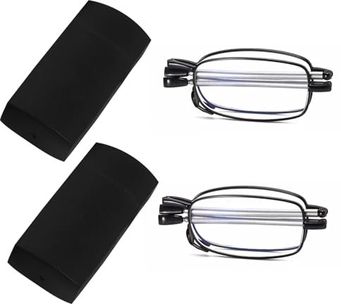 Plimbin Folding Reading Glasses 2+, 2 Pair Portable Compact Foldable Pocket Reading Glasses with Slim Black Flip Case, Blue Light Blocking Reading Magnifying Glasses for Men and Women (2.5×)