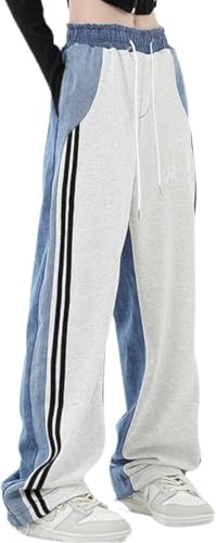ThiCc Pantaloni sportivi da donna con patchwork in denim, pantaloni dritti con coulisse in vita con tasca Y2K a righe laterali a blocchi di colore bicolore jeans cargo pantaloni da jogging