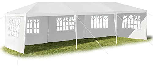 KOMFOTTEU Carpa para Fiesta 3 x 9 m, Cenador de Jardín con 5 Paredes Laterales Extraíbles y Ventanas, Carpa Plegable con Protección UV, Tienda Plegable Portátil, para Eventos, Bodas, Blanco