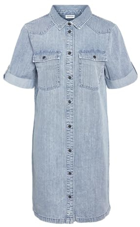 NOISY MAY Robe en Jean Midi à Manches Courtes pour Femme Col Chemise et Poches Poitrine, Couleurs:Bleu-Clair, Taille:XXL
