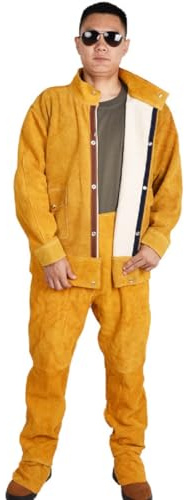 BIRJXVTO Tute Tuta da Saldatura in Pelle Bovina Denim Tuta Protettiva Traspirante per Saldatore,Giallo,3XL