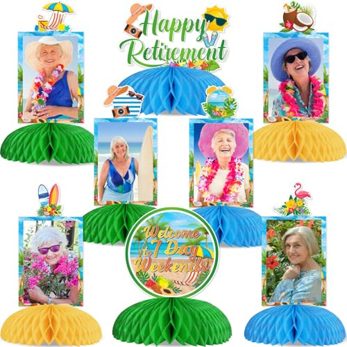 Funmemoir Tropische Party-Dekorationen für den Ruhestand, 8 Stück, Foto-Wabenaufsätze, Sommer, Strand, Ruhestand, Flamingo, Hawaii, Luau, Happy Retirement, Abschied, Partydekorationen