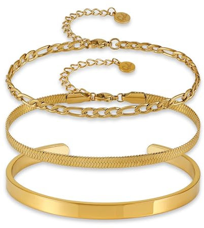 GD GOOD.designs Armband Set (3Stück) vergoldet - Wasserfeste und größenverstellbare goldene Armkettchen aus 316L Edelstahl | Schlangenarmband, Gliederarmband, Armreif in 18K Gold