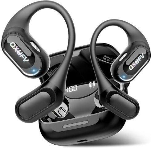 QXUFV Auriculares Inalámbricos Bluetooth Oreja Abierta, Auriculares Deportivos Bluetooth 5.4 con Gancho, Bajos Estéreo Fuertes, 4HD Micro, Impermeable IP7 para Running/Ciclismo, Control Táctil, Negro