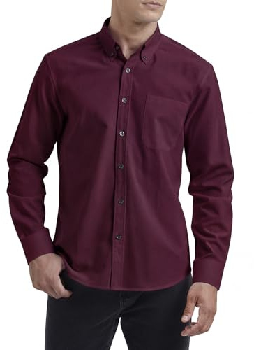 HISDERN Mens Burgundy Oxford Shirts Long Sleeve Casual Smart Shirt for Men Formal Busnies Regular Fit with Pocket M