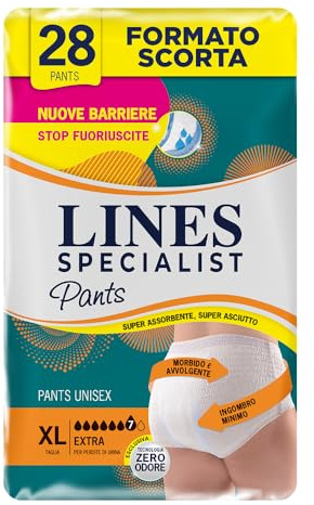 Lines Specialist Pants Extra Unisex, Mutande Assorbenti per Incontinenza Donna e Uomo, Asciutto Lampo e Massima Protezione, Zero Odore, Taglia XL, Scorta Mensile, 4 Confezioni da 7 Unità