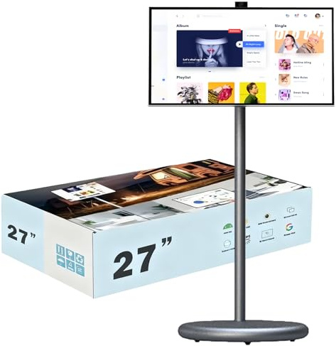 HNBYLMM Téléviseur Portable 27'' avec écran Tactile 1080p, TV Portable sur roulettes, Android 15, 6 Go + 128 Go, caméra 13 MP, Wi-FI 2,4/5 GHz, Bluetooth 5.0, Tablette TV pivotante à 360° Grey