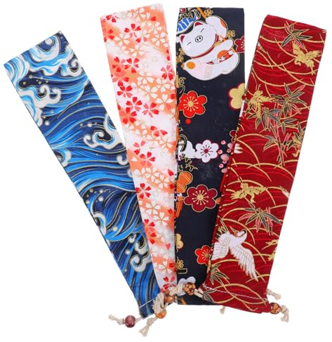 BESPORTBLE Lot de 4 Pochettes de Transport pour Éventail Pliant Japonerie en Tissu Cordon de Serrage Paquet de Rangement Légers pour Éventails Portatifs et Petits Bijoux Housses de