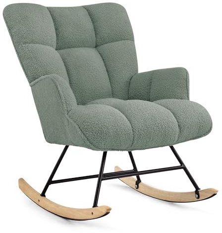 Aunekiv Silla Mecedora para Lactancia, Sillón Balancín Teddy Tapizado en Peluche Suave con Base de Madera Silla de Relax Cómoda con Brazos para Sala, Dormitorio y Habitación Infantil Verde
