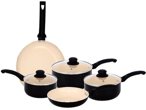 Gr8 Home Aluminium 8 Piece Marble Stone Effect Non Stick Cookware Set Ceramic Induction Frying Pan Saucepan with Lid Cooking Kitchenware (Cream)
