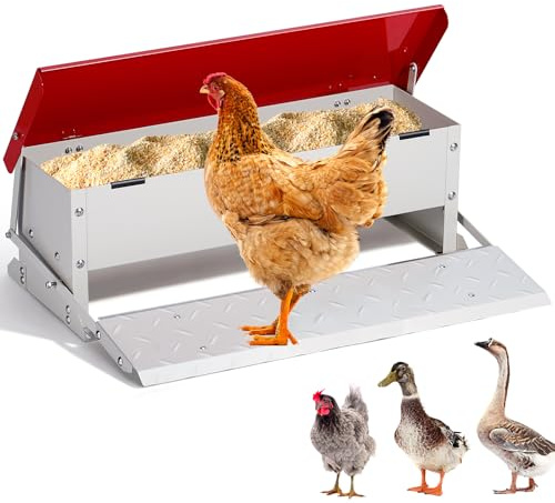 Svauoumu Comedero automático para pollos (5 kg de volumen), acero galvanizado, mecanismo de peldaño con placa de pie, tapa impermeable, comedero a prueba de ratas para aves de corral, como pollos