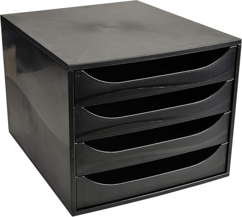 Exacompta 228014D Ablagebox Ecoblack mit 4 Schubladen für DIN A4+ Dokumente. Ecobox mit hoher Kapazität für mehr Platz auf dem Schreibtisch Big Box Schwarz