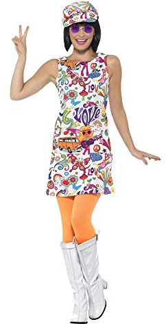 shoperama 60's Groovy Robe pour femme avec bonnet ballon Ligne A Mini jupe des années 60 Sixties Twiggy Flower Power Peace Love Hippie, taille S