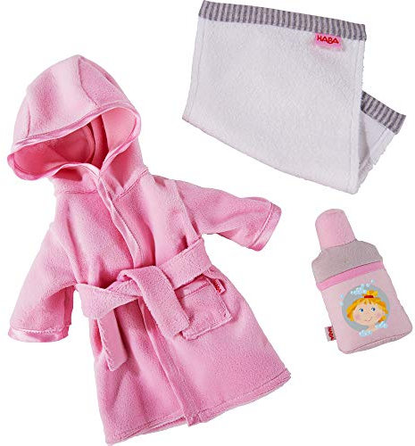 HABA 305238 - Kleiderset Badespaß, Puppenzubehör für alle 30 cm großen HABA-Puppen, Set aus Bademantel, Handtuch und Shampoo, ab 18 Monaten