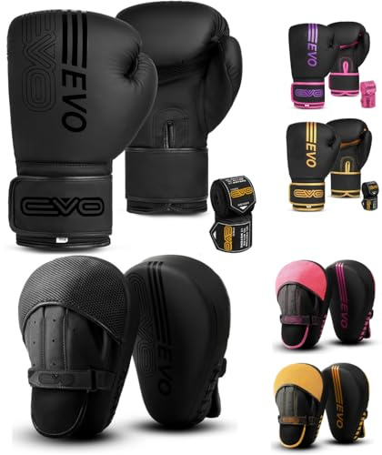 EVO Fitness Matte Black Boxing Gloves and Pads Set Punching Focus Mitts Hook and Jab Hand Target Strike Shield Training Sparring MMA Martial Arts Muay Thai Kickboxing Karate Men Women (14 OZ, Black)