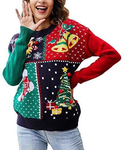 IFFEI Womens Ugly Christmas Sweater Novelty Print Crew Neck Sweater Square XL