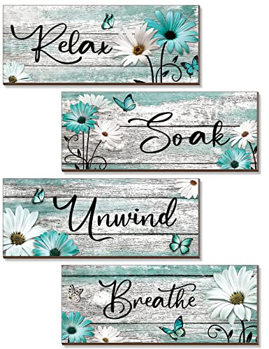 Sunnyray 4 Pcs Farmhouse Teal Bathroom Wall Decor Relax Soak Unwind Breathe