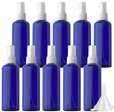 LusDoly 10 Stück, 100ml Blau Plastik Kunststoff Sprühflasche Mit Transparent Sprüher Nachfüllbar Sprühflaschen Leer für Parfümzerstäuber Zerstäuberflasche Reise Flakons