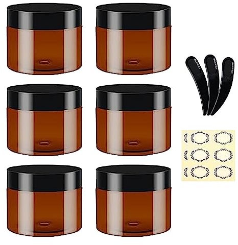 Apstaqeoo Round Cosmetic Containers - 6Pcs 100ML Empty Amber Plastic Jars With Black Lids, 3 Spatula & 6 Labels - Refillable Travel Jars for Lotion, Ointments, Creams, Gel Storage