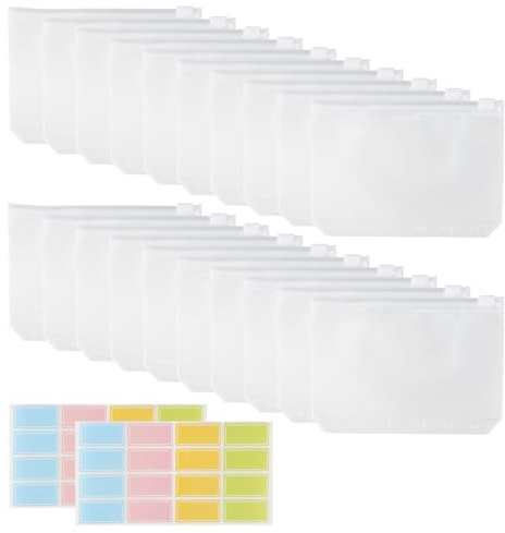 Lahnao 20 Pezzi di Tasche Per Raccoglitori A7, 6 Fori Sacchetto In Plastica Con Cerniera e 32 Etichette Adesive, Buste Trasparenti, Adatta al Raccoglitore per Planner