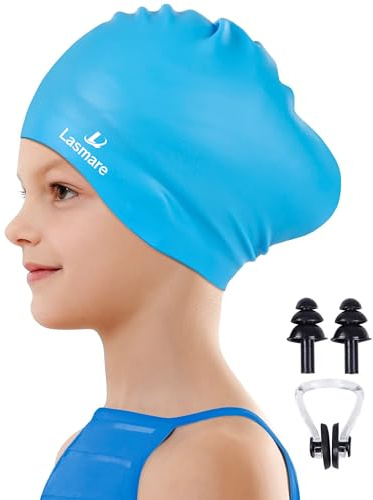Lasmare Kids Long Hair Swimming Cap for Girls Boys, 2 Size Silicone Swimming Hat for Age 3-15 Toddler Children Teens, Waterproof Swim Cap Bathing Hat with Ear Plugs & Nose Clip to Keep Hair Dry