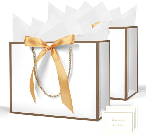 AMFUN Lot de 2 Pochettes Cadeaux avec Anse, Sacs Cadeaux en Papier Avec Ruban d'Arc, Pochettes en Papier avec Anse, Emballage Cadeau pour Noël, les Anniversaires, Mariages, Fête（Blanc Bord Doré)