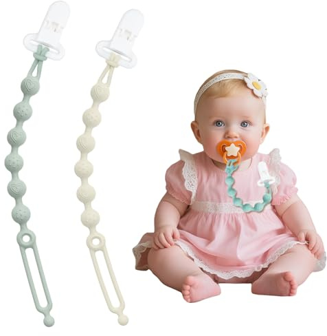 Attache tétine en silicone - Jouets pour bébé - Lot de 2 attaches - Accessoires pour poussettes, chaises hautes, berceaux, lits bébé, sièges auto, couffins (Beige/Vert)