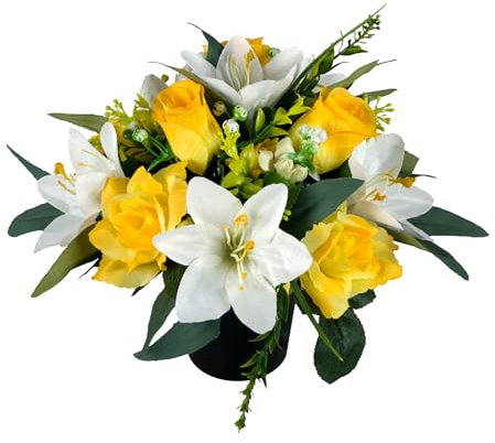 Artificial Flowers for Graves White Lilies Yellow Rosebud/Mini-Roses in Pot