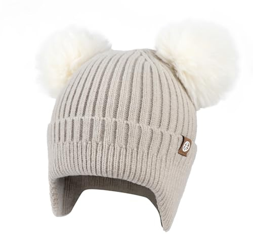 TAGVO Gorro de Invierno Infantil con Orejeras, Mezcla de Lana, Doble Pompon, Punto Suave para Niños y Niñas 2–8 Años