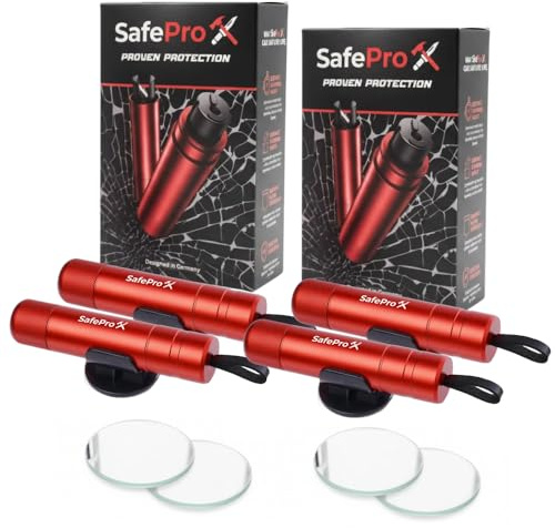 SafePro X Nödhammare för bil - fönsterbrytare och bältesskärare - kompakt räddningsverktyg för snabb olyckshjälp och säkerhet på språng (4-pack)