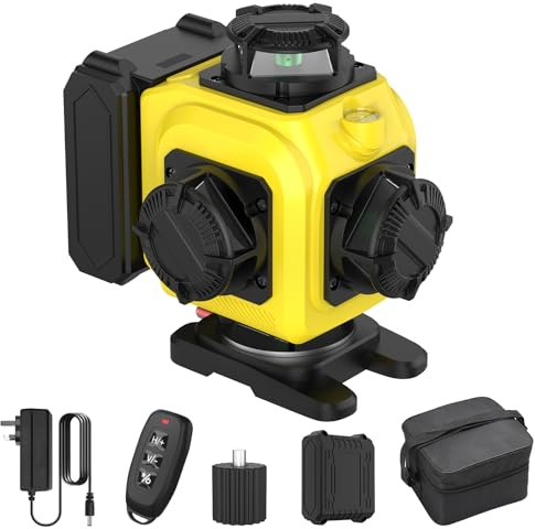 Laser Level Self Leveling 4 x 360°, 4D 16 Lines Professional Color Laser Level with 8000mAh Battery, Adjustable Tripod, Swivel Base, Remote Control and Wall Bracket, LED Power Display (A)