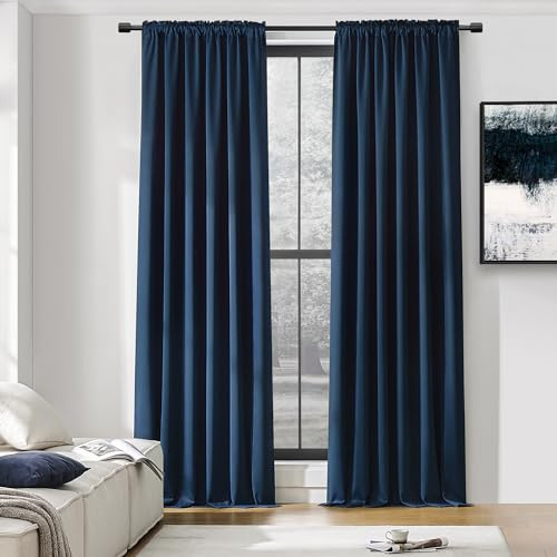DONREN 96 Inches Long Floor Length Curtains - Dark Blue Blackout Curtains for Living Room - Rod Pocket Thermal Insulated Curtains for Bedroom (42 x 96 Inch,Set of 2 Panels)