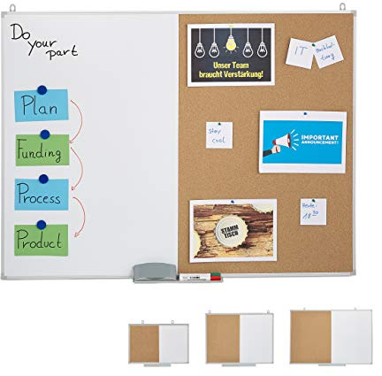 Relaxdays Tableau Blanc combiné 2 en 1, Panneau en liège, magnétique, Cadre en alu, Rangement, 90x120 cm, Blanc/Naturel